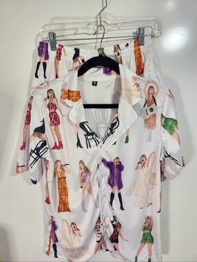 Swiftie Satin Button-Up Set with Pop Art Singer Print - White, Size Medium